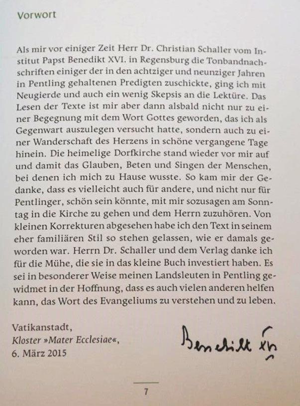 Foto: Josef Eder - persönliches Vorwort von Benedikt XVI. für das Buch Pentlinger Predigten